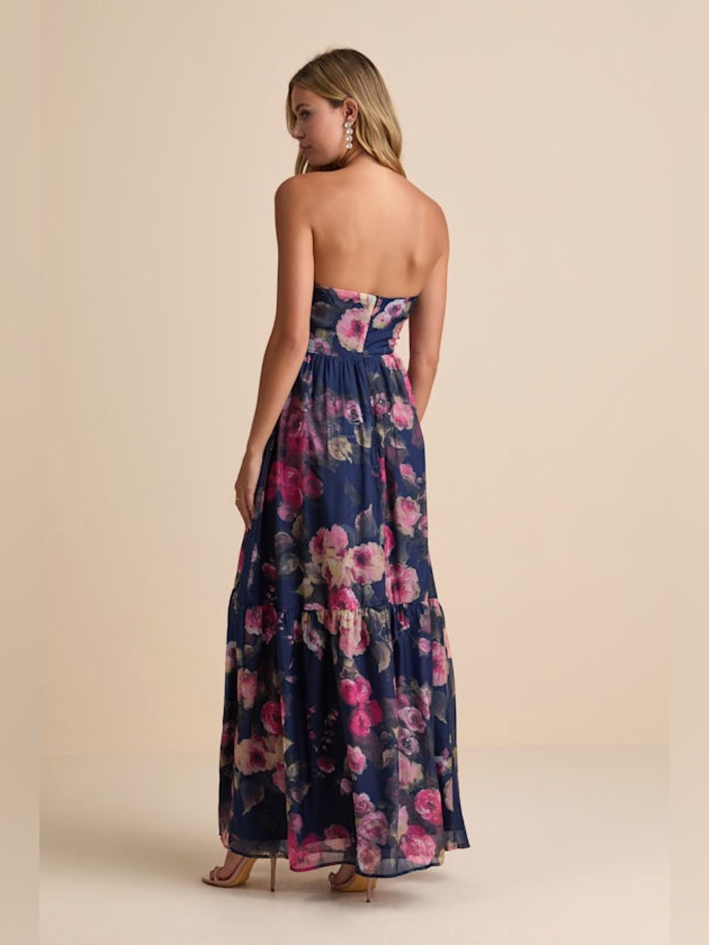 Lulus Roane Navy Floral Organza Bustier Maxi Dress Size M NWT - Picture 2 of 12